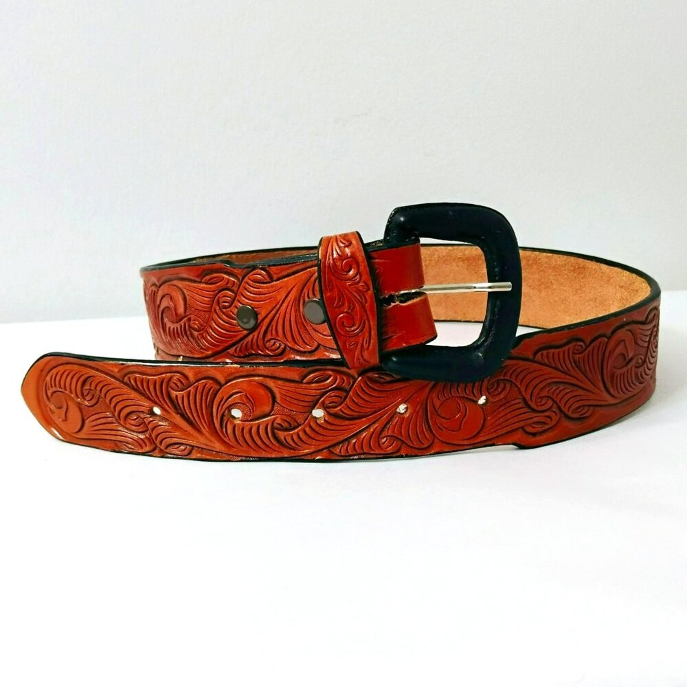Handcrafted Brown Tooled Leather Belt With Black Leather Buckle, 28 / size small